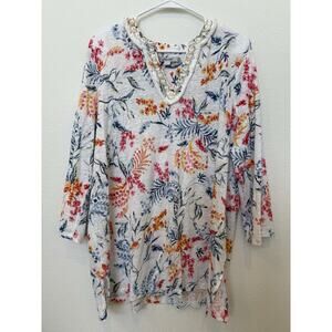 Chico's Linen‎ Floral Embellished Tunic Top Size 3 (XL)